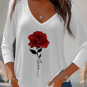 Casual Floral V Neck Long Sleeve T-shirt, Blouses, color:White|size:XXL, catalog Noracora shop