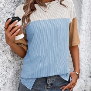 Crew Neck Half Sleeve Color Block Regular Loose Shirt For Women, Blouses, color:Color6|size:XXL, catalog Noracora shop