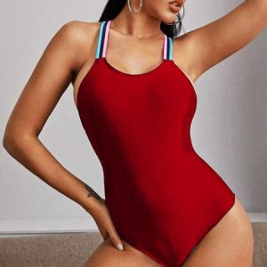 Solid Color Open Back Cross-strap One-piece Swimsuit, Swimwear, color:Wine Red|size:XL, catalog Noracora shop
