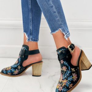 Vintage Floral Embroidered Studded Slingback Boots, Boots, color:Black|size:11, Stylewe