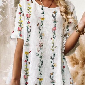 Crew Neck Short Sleeve Floral Pattern Pullover Regular Loose Blouse For Women, Blouses, color:White|size:XXL, catalog Noracora shop