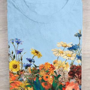 Casual Floral Crew Neck Short Sleeve T-shirt, T-shirts, color:Sky Blue|size:XXL, catalog Noracora shop