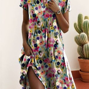 Women Floral Shirt Collar Short Sleeve Comfy Casual Midi Dress, Short, color:Green|size:XXL, catalog Noracora shop
