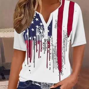 Women's Short Sleeve Tee T-shirt Summer America Flag Buckle Notched Holiday Going Out Casual Top White, JustFashionNow T-Shirts, color:White|size:XXL,