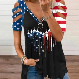 Women's Short Sleeve Tee T-shirt Summer America Flag Zipper V Neck Daily Going Out Casual Top Black, JustFashionNow T-Shirts, color:Black|size:XXL,