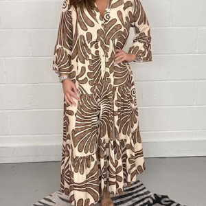 Women Geometric Shawl Collar Half Sleeve Comfy Casual Midi Dress, Dresses, color:Khaki|size:5XL, catalog Noracora shop