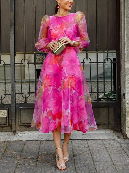 Vacation Floral Elegant Crew Neck Midi Dress, Midi Dresses, color:Deep Pink|size:XS, Stylewe