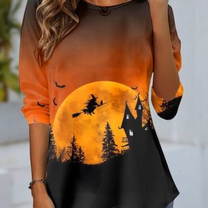 Women's Long Sleeve Tee T-shirt Spring/Fall Halloween Jersey Crew Neck Daily Going Out Casual Top, JustFashionNow Tops, color:Orange Red|size:XXL