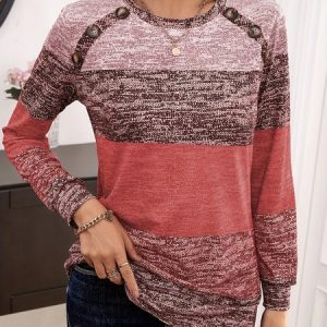 Casual Color Block Notched Long Sleeve T-shirt, T-shirts, color:Watermelon|size:XXL, catalog Noracora shop
