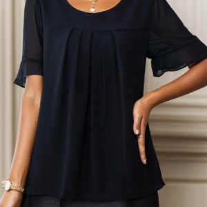 Crew Neck Short Sleeve Plain Regular Loose TUNIC Shirt For Women, Blouses, color:Black|size:5XL, catalog Noracora shop