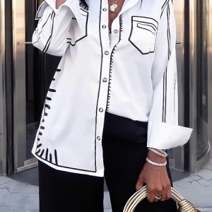 Loose Color Block Shirt Collar Long Sleeve Regular Sleeve Casual Shirt, Blouses and Shirts, color:White|size:XXL, Stylewe
