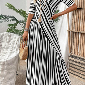 Women Striped V Neck Half Sleeve Comfy Casual Cross Maxi Dress, Dresses, color:Black|size:XXL, catalog Noracora shop