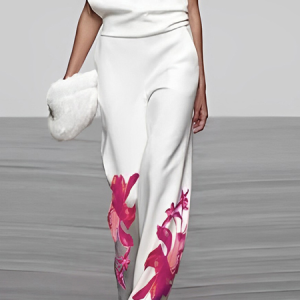 Plus Size Regular Fit Floral Urban Pants, Plus Pants, color:White|size:4X, Stylewe