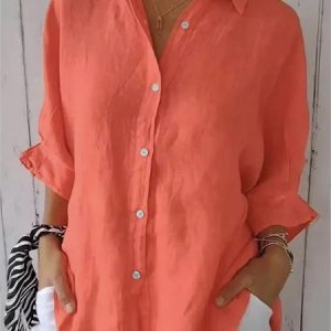 Shirt Collar Half Sleeve Plain Buckle Regular Micro-Elasticity Loose Shirt For Women, Shirts, color:Orange Red|size:3XL, catalog Noracora shop