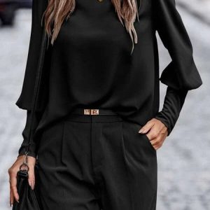 Crew Neck Long Sleeve Plain Buttoned Regular Loose Blouse For Women, Blouses, color:Black|size:XXL, catalog Noracora shop
