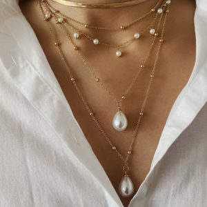 2pcs/set Elegant Imitation Pearl Multilayer Pendant Necklace, Necklaces, color:As Picture|size:One-size, Stylewe