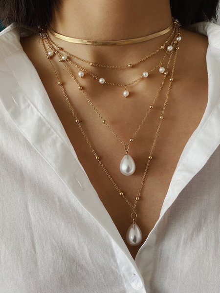 2pcs/set Elegant Imitation Pearl Multilayer Pendant Necklace, Necklaces, color:As Picture|size:One-size, Stylewe