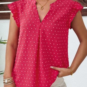V Neck Short Sleeve Plain Regular Regular Fit Shirt For Women, Blouses, color:Rose Red|size:XXL, catalog Noracora shop