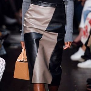 Regular Fit Color Block Urban Faux Leather Midi Skirt, Skirts, color:Black|size:XXL, Stylewe