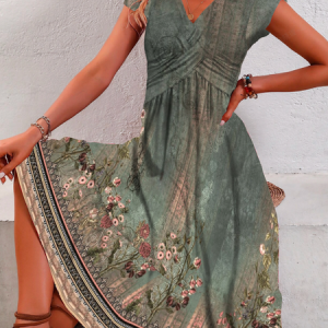 Women Nationality/ethnic V Neck Short Sleeve Comfy Casual Maxi Dress, Midi, color:Green|size:XXL, catalog Noracora shop