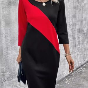 Women Color Block Crew Neck Long Sleeve Comfy Casual Midi Dress, Dresses, color:Black|size:XL, catalog Noracora shop