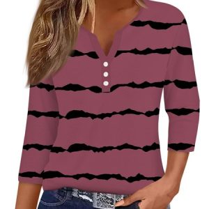 Women's Three Quarter Sleeve Tee T-shirt Spring/Fall Abstract Stripes Jersey Notched Daily Going Out Casual Top Green, JustFashionNow T-Shirts, color:Fuchsia|size:3XL,