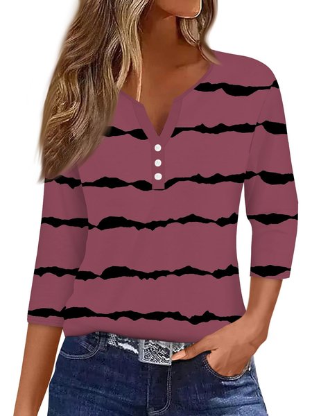 Women's Three Quarter Sleeve Tee T-shirt Spring/Fall Abstract Stripes Jersey Notched Daily Going Out Casual Top Green, JustFashionNow T-Shirts, color:Fuchsia|size:3XL,