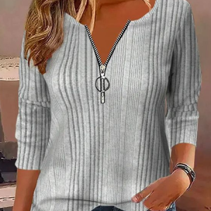 V Neck Long Sleeve Plain Zipper Regular Micro-Elasticity Loose Blouse For Women, Blouses, color:Gray|size:3XL, catalog Noracora shop