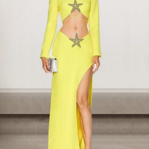 Women Plain Crew Neck Long Sleeve Comfy Sexy Maxi Dress, Dinner dress, color:Yellow|size:L, catalog Noracora shop