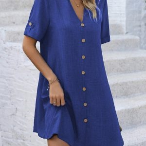 Women's Short Sleeve Summer Plain Buckle Dress V Neck Daily Going Out Casual Mini H-Line, JustFashionNow Dresses, color:Blue|size:XXL,