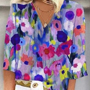 Romantic Three Quarter Sleeve Floral Print Comfy Shirt For Women, Blouses, color:Blue|size:XXL, catalog Noracora shop