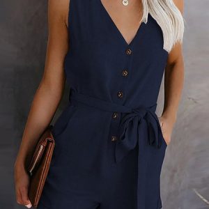 Women Sleeveless V Neck Regular Fit Shorts Pocket Stitching Daily Casual Plain Natural Jumpsuit, Jumpsuits&Rompers, color:Deep Blue|size:5XL, catalog Noracora shop