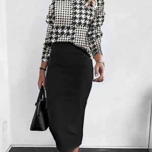 Women Floral Long Sleeve Comfy Casual Top With Skirt Two-Piece Set, Sets, color:Black|size:4XL, catalog Noracora shop