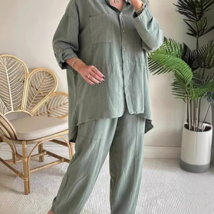 Women Geometric Shirt Collar Long Sleeve Comfy Casual Top With Pants Two-Piece Set, Sets, color:Army Green|size:5XL, catalog Noracora shop