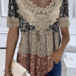 V Neck Short Sleeve Disty Floral Lace Regular Loose Shirt For Women, Blouses, color:Black|size:XXL, catalog Noracora shop