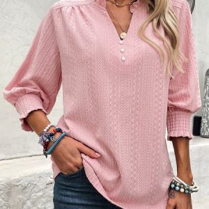 Notched Half Sleeve Plain Regular Micro-Elasticity Loose Shirt For Women, Blouses, color:Pink|size:XXL, catalog Noracora shop