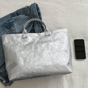Casual Waterproof PVC Large Capacity Tote Bag, Bags, color:Silver|size:One-size, Stylewe