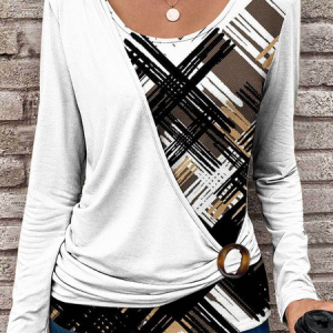 Crew Neck Long Sleeve Geometric Regular Loose Mock Two-Piece Blouse For Women, Blouses, color:White|size:XXL, catalog Noracora shop