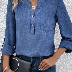 Notched Long Sleeve Plain Buckle Regular Loose TUNIC Blouse For Women, Blouses, color:Navyblue|size:XXL, catalog Noracora shop