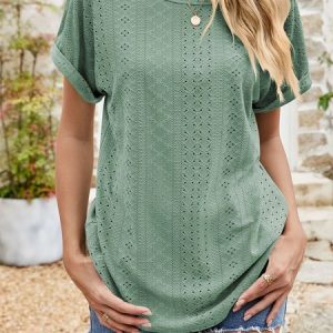 Crew Neck Short Sleeve Plain Regular Regular Fit Shirt For Women, Blouses, color:Green|size:3XL, catalog Noracora shop