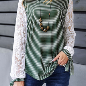 Crew Neck Long Sleeve Striped Lace Regular Regular Fit Blouse For Women, Blouses, color:Green|size:XL, catalog Noracora shop