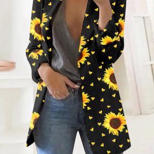Women's Spring/Fall Outerwear Casual Floral Long Sleeve Lapel Collar Mid-long Blazer, JustFashionNow Blazers, color:Black-Yellow|size:XXL,