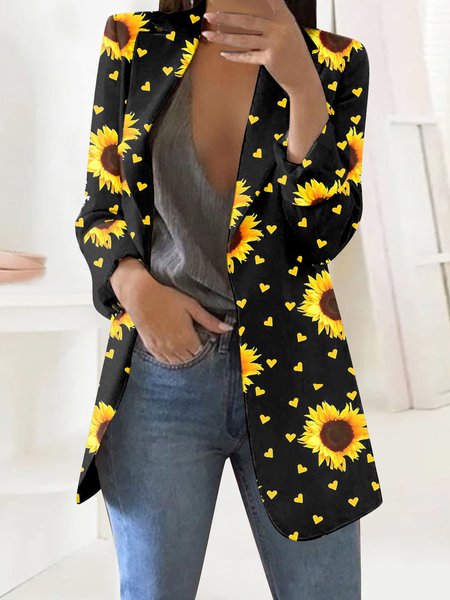 Women's Spring/Fall Outerwear Casual Floral Long Sleeve Lapel Collar Mid-long Blazer, JustFashionNow Blazers, color:Black-Yellow|size:XXL,