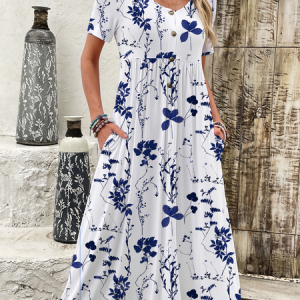 Women Floral Crew Neck Short Sleeve Comfy Casual Buckle Maxi Dress, Dresses, color:White|size:XXL, catalog Noracora shop