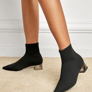 Minimalist Breathable Mesh Fabric Chunky Heel Sock Boots, Boots, color:Black|size:42, Stylewe