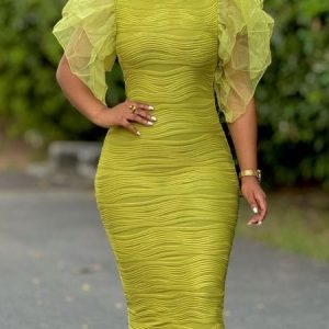 Elegant Regular Fit Ruffle Sleeve Plain Crew Neck Dress, Midi Dresses, color:Green|size:XXL, Stylewe
