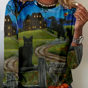 Casual Halloween Crew Neck Long Sleeve T-shirt, T-shirts, color:Blue|size:XXL, catalog Noracora shop