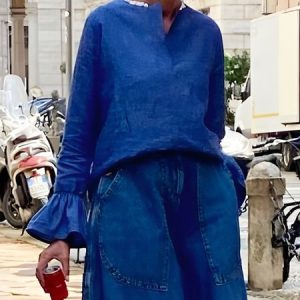 Bell Sleeve Loose Casual Plain Long Sleeve Denim Top, Blouses and Shirts, color:Denim Blue|size:XXL, Stylewe