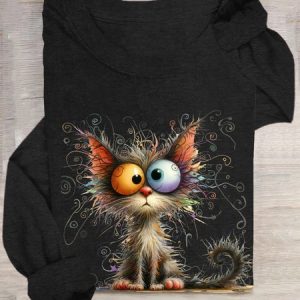 Casual Cat Crew Neck Long Sleeve T-shirt, T-shirts, color:Black|size:3XL, catalog Noracora shop