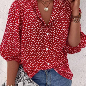 Three Quarter Sleeve Polka Dots Regular Loose Shirt For Women, Shirts, color:Red|size:XXL, catalog Noracora shop